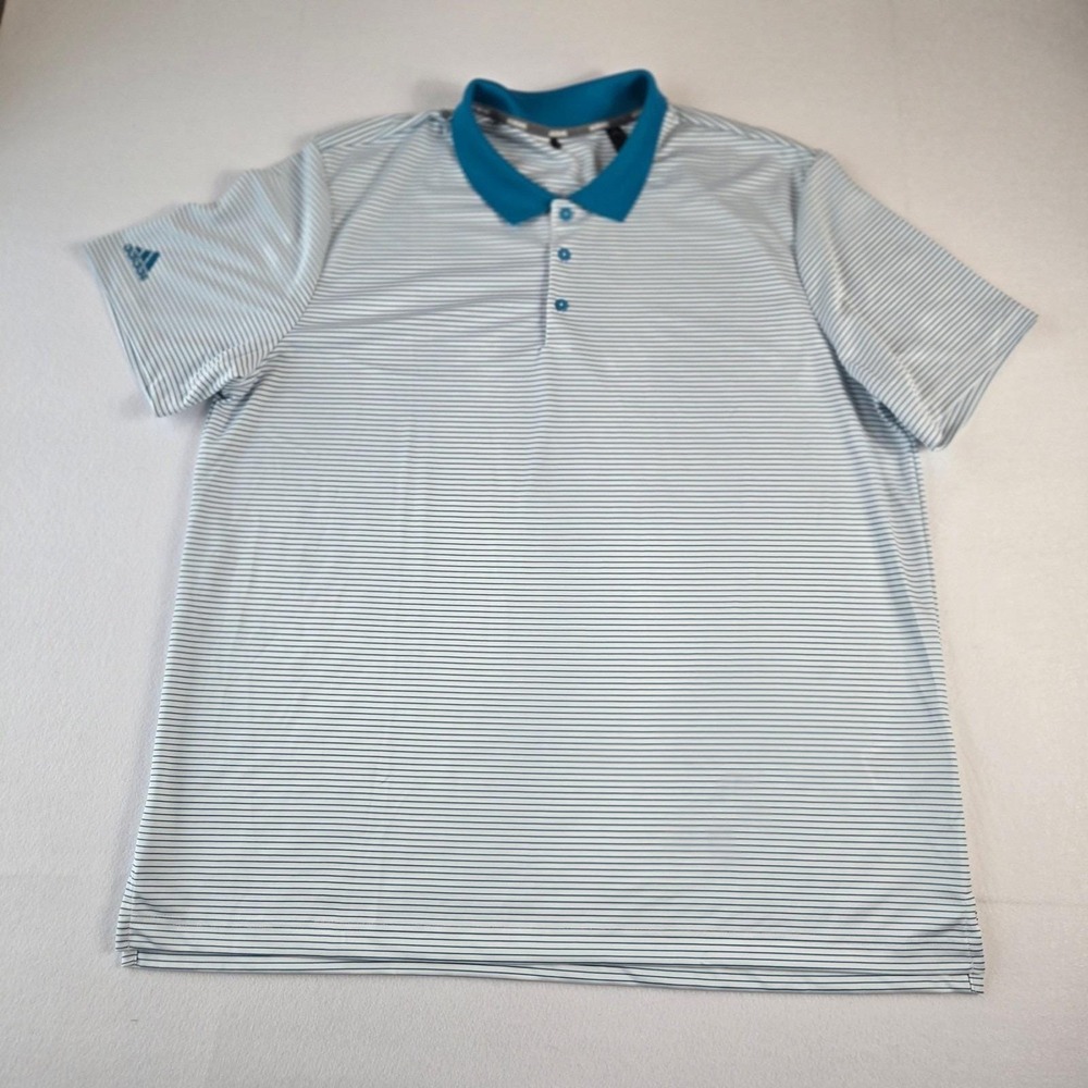 Adidas Polo Shirt Mens 2XL White‎ Teal  Striped Golf Performance (T9)